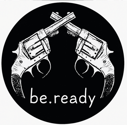 skrzyżowane białe rewolwery na czarnym tle